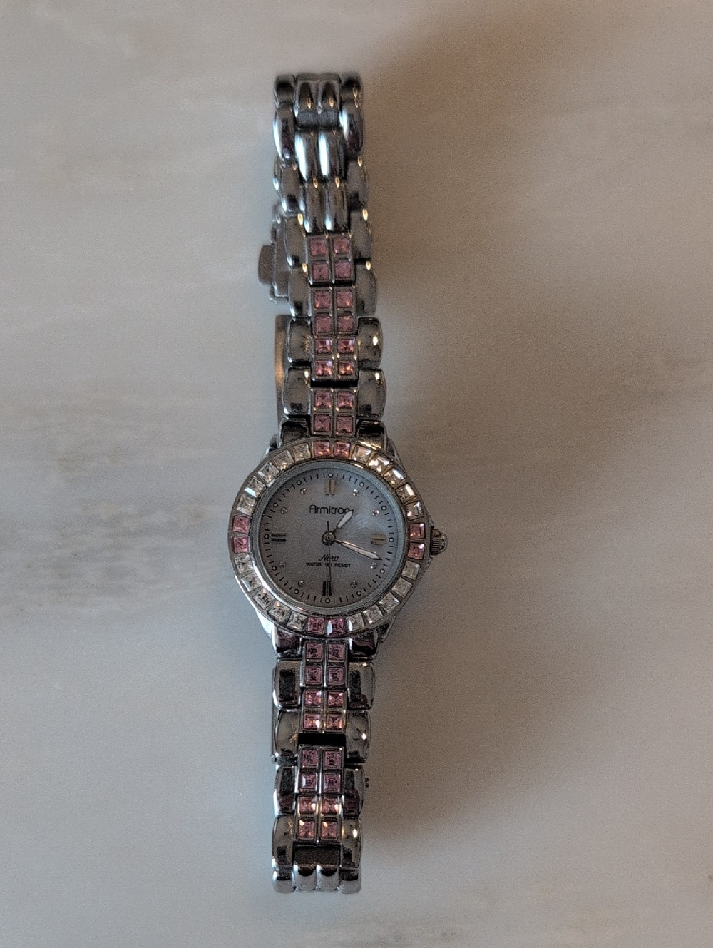 Armitron Silver Tone Bracelet Watch with Pink Crystal Accents